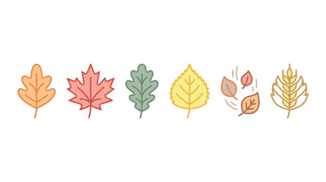 Colorful autumn leaves and a wheat stalk symbolize the vibrant change of seasons and harvest time with a charming flat design style.