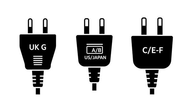 Three different electrical power plugs for international travel.