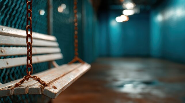 This image captures a solitary swing hanging in a dimly lit, abandoned room, evoking feelings of nostalgia and the passage of time in a forgotten space.