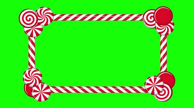 Candy cane frame with red and white striped animation. Border with striped candy lollipop pattern. Winter ornament decoration. Winter holidays theme. 4K animation