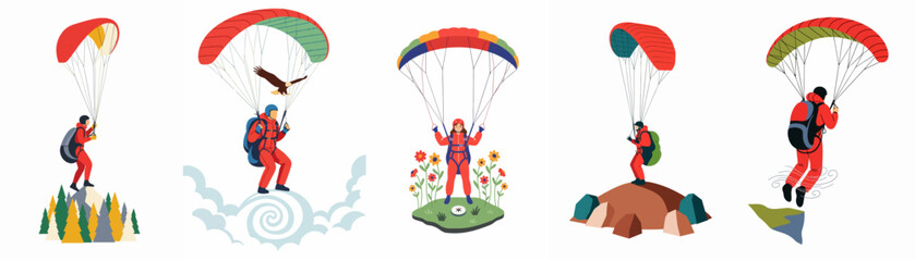 Set of flat vector illustrations depicting people paragliding across various landscapes including mountains, clouds, and fields, perfect for adventure and extreme sports themes. © Papat