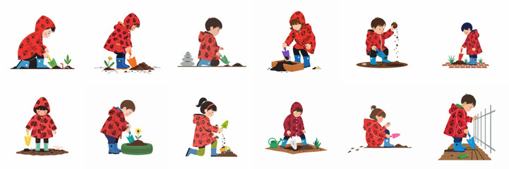 Collection of illustrations depicting young children in ladybug jackets gardening, digging, and playing outdoors in the dirt with various tools. © Lopezda