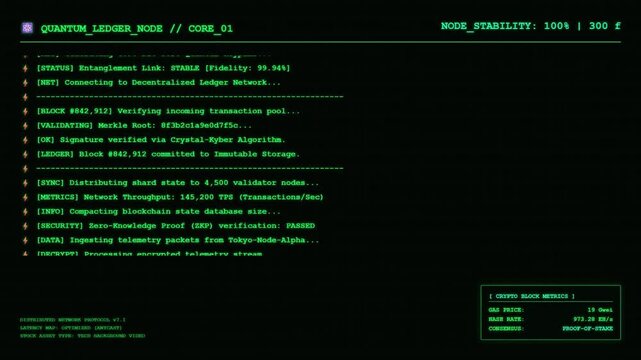 Quantum Ledger Node Blockchain Crypto Block Metrics Proof of Stake Zero Knowledge Terminal Animation Cybersecurity.