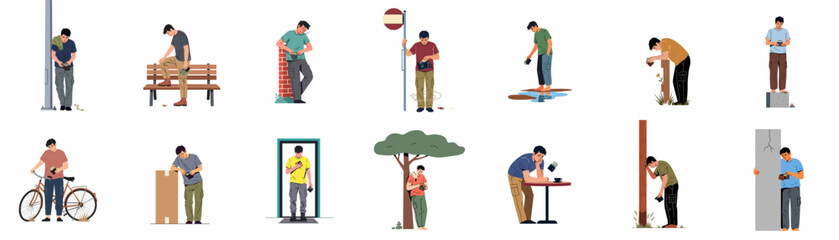 Fototapeta premium Set of Sad Man Illustrations with Empty Wallet Representing Financial Struggle, Poverty, and Economic Crisis