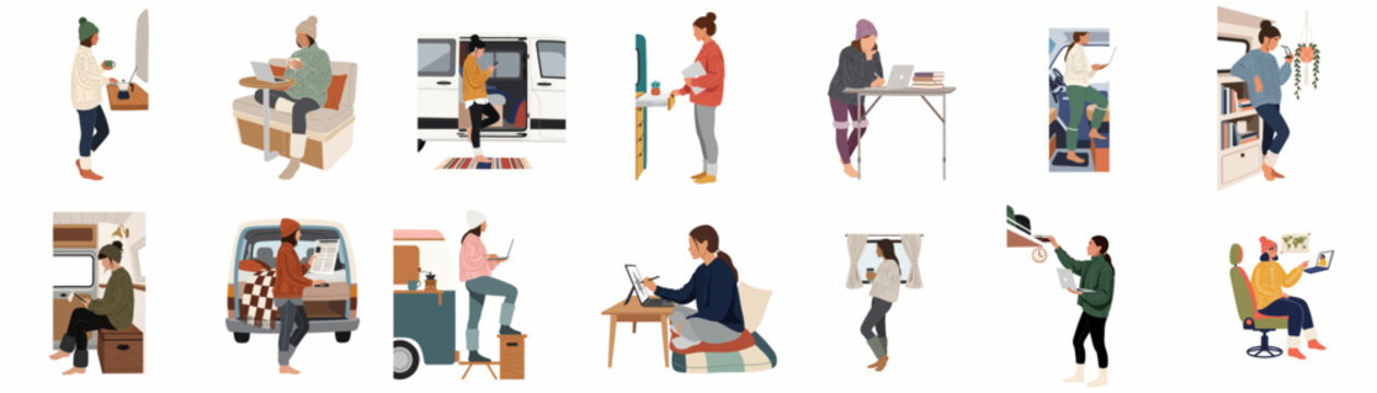 Illustration set of women living a cozy digital nomad lifestyle, working remotely from camper vans and small mobile homes.