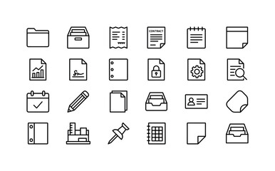 Fototapeta premium Dashboard File Tools. Line icon set of office and document concepts: folder tab, file cabinet, receipt blank, contract sheet, memo pad, sticky note blank, chart document, signature line blank, punch