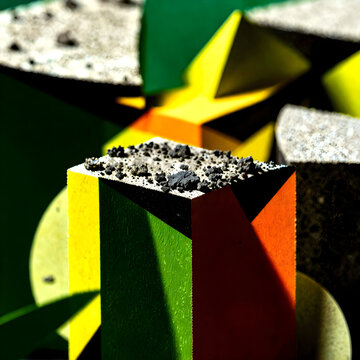 Macro shot focusing on the micro-texture grain boundaries and material entropy of calcined mycelium-ash masonry. 