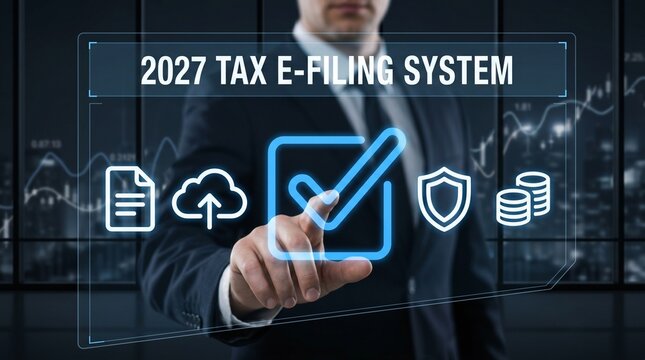 Businessman Interacting with 2027 Tax E-Filing System Interface