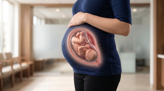 A pregnant woman's belly with a detailed 3D rendering of a fetus inside, illustrating prenatal development.