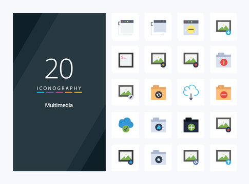 20 Multimedia Flat Color icon for presentation. Vector icons illustration