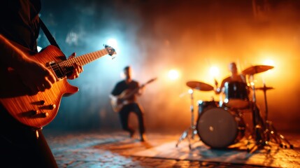 Obraz premium A dynamic scene of musicians passionately performing on stage, highlighted with dramatic lighting that creates a vibrant atmosphere for the energetic performance.