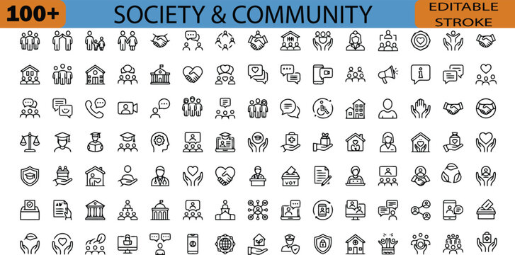 Society and community icon set 100 editable stroke vector graphics