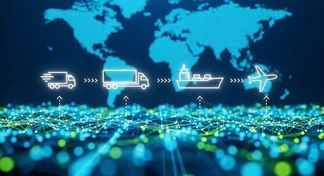 Logistics icons on a world map with transportation modes and network connections