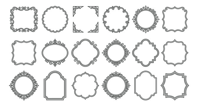 A comprehensive collection of vintage labels and frames featuring retro vector borders, ornate design elements, and decorative round stickers for classic illustration banners