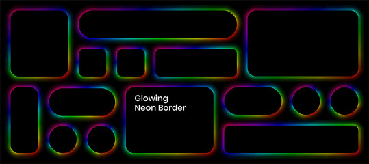 Obraz premium Set of neon liquid glass frames of different shapes with rainbow glowing effects and illumination on a dark background. Abstract cosmic vibrant color backdrop. Elements for futuristic design.