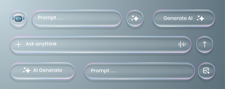 3D liquid glass holographic effect chat box and generate Ai buttons. Text start artificial and search 3D symbol app agent. Modern glass morphism search interface vector illustration.