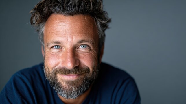 A charming, smiling adult man with messy hair poses against a simple grey wall, conveying warmth, approachability, and casual confidence, perfect for lifestyle imagery.