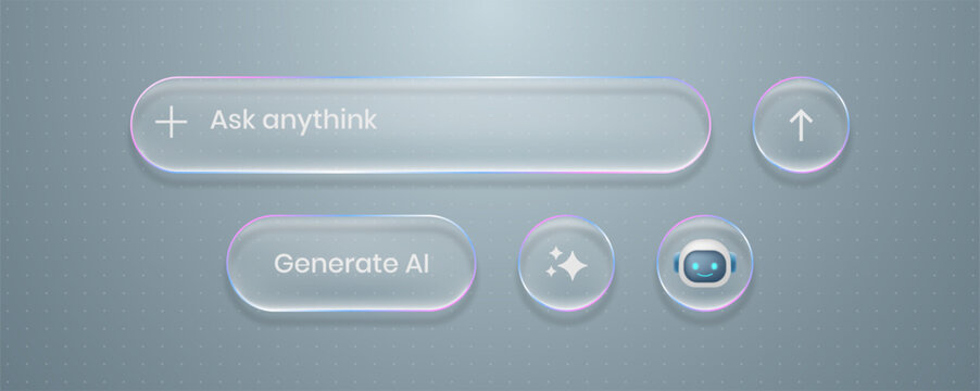 3D liquid glass holographic effect chat box and generate Ai buttons. Text start artificial and search 3D symbol app agent. Modern glass morphism search interface vector illustration.