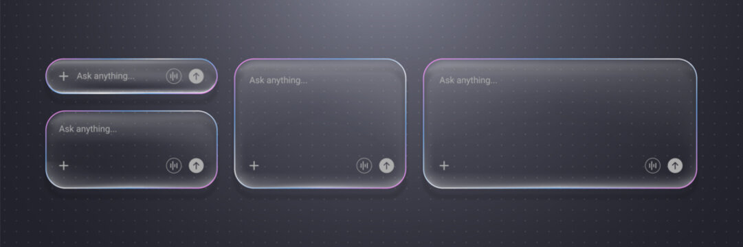 Artificial intelligence search bar with liquid glass holographic effect. Ai chatbot neon illumination on a dark background. Chat box input field and audio icon for virtual assistant software.