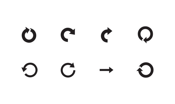 Black arrow icons depicting rotation reload undo and directional movement for digital interfaces.