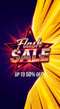 Vibrant graphic with "Flash Sale" text over a starburst, offering up to 50% off, symbolizing urgency and great discounts for shopping.