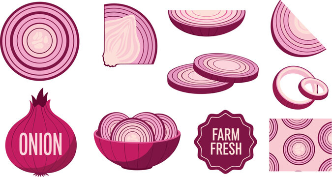 Red Onion Vegetable Vector Icon Set with Fresh Purple Slices Rings Whole Bulbs Farm Fresh Labels and Patterns