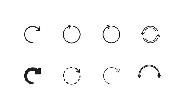 Set of various refresh arrows, undo, redo, reload, repeat, synchronize, circular, half circle.