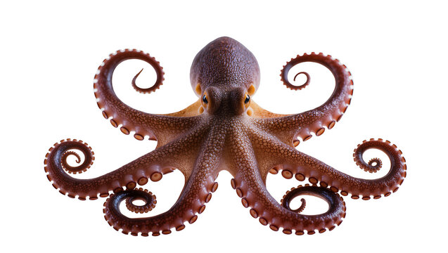Brown octopus with curled tentacles and suckers