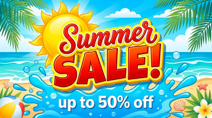 Naklejka premium Summer sale banner with sun, ocean, palm leaves, and beach elements, symbolizing vacation and discounts, perfect for promotions.