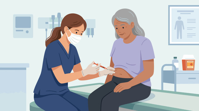 Nurse injecting insulin into an older female patient's abdomen with an insulin pen in a clinic or hospital setting.