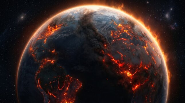 Burning Earth from Space, Global Fire, Climate Change Concept