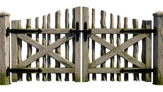Rustic wooden double gate with X bracing and metal hinges