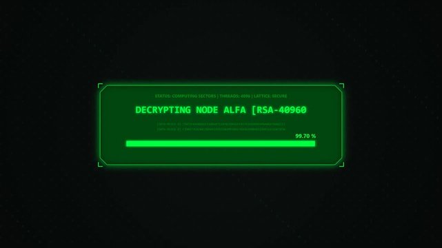 Futuristic HUD green screen digital terminal showing binary decryption process and loading progress bar