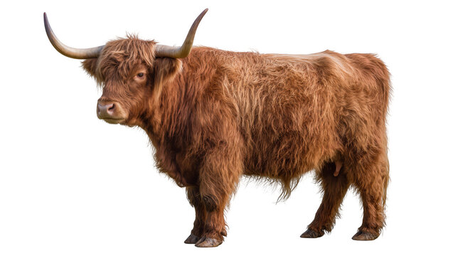 Highland cow with long horns and shaggy brown fur