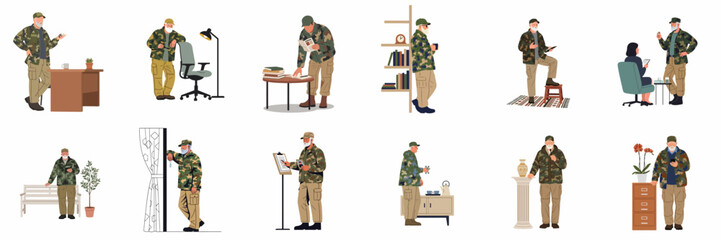 Vector illustration set featuring an older man in camouflage clothing and cargo pants in various professional and daily life indoor and outdoor scenarios. © Lopezda