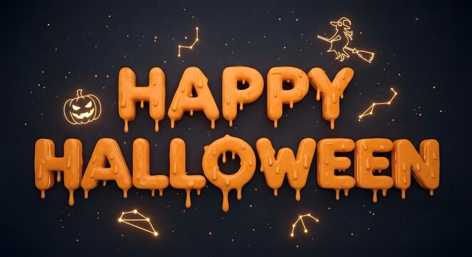 Happy halloween dripping orange slime text with witch and constellations on dark background