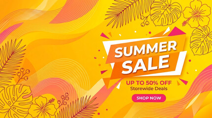 Obraz premium Bright summer sale graphic with tropical leaves and flowers, featuring a discount offer and shop now button, ideal for promotional advertisement.