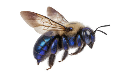 Blue metallic bee with fuzzy thorax and wings