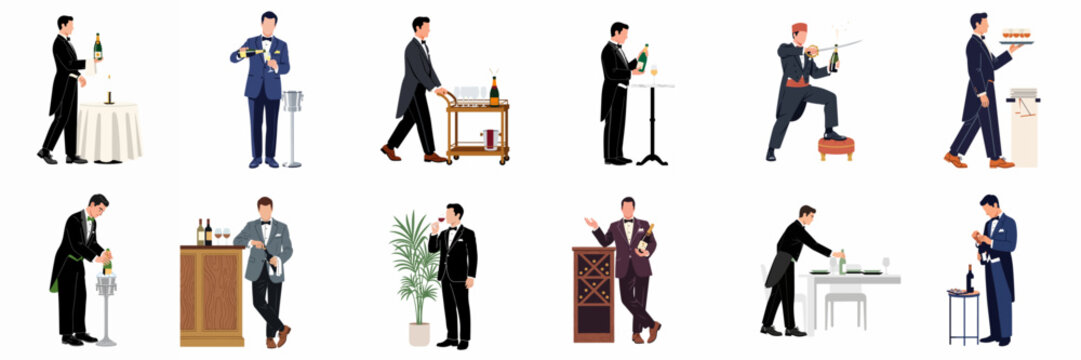 Set of Professional Waiters and Sommeliers in Formal Suits Serving Wine and Champagne at Luxury Events or Fine Dining Restaurants