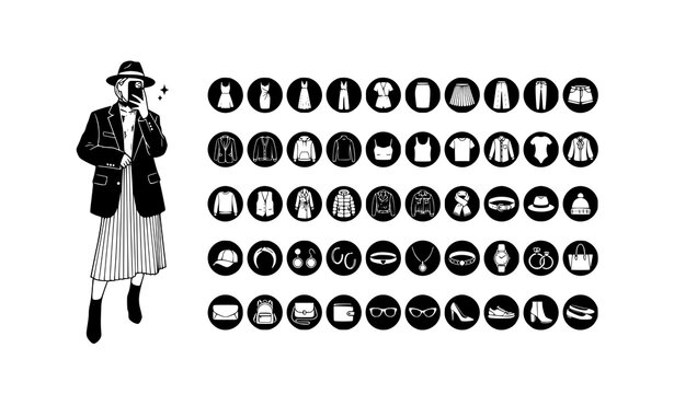 Woman taking mirror selfie for outfit of the day with minimalist clothing and accessories icons set