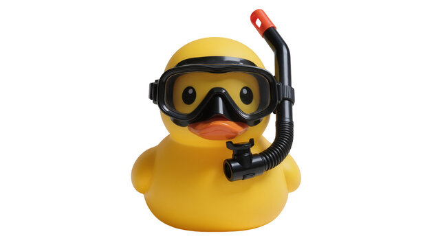 Yellow rubber duck wearing black snorkeling mask and snorkel