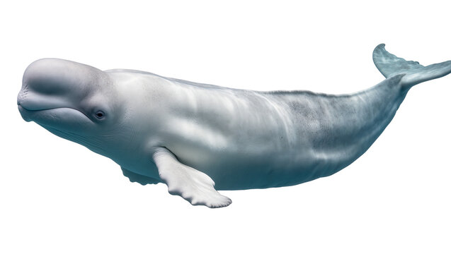 Beluga whale swimming underwater, white mammal with grey markings