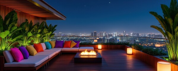 Obraz premium Rooftop lounge with sectional sofa colorful pillows fire pit gas burner modern city skyline view. Outdoor seating area with rich plants glass railing illuminated at night.
