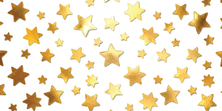 Shiny gold star pattern with many different sizes of stars floating in a festive arrangement