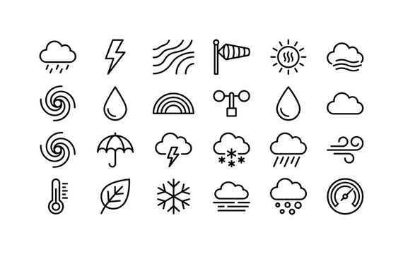 Storm Forecast Symbols. Line icon set of weather icons: drizzle cloud, thunderbolt, isobar lines, windsock, hot sun, haze cloud, typhoon swirl, dew drop, rainbow, anemometer, waterdrop, cumulus cloud,