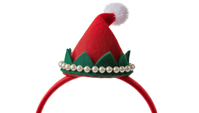 Red Elf Hat Headband with Green Trim and Pearls