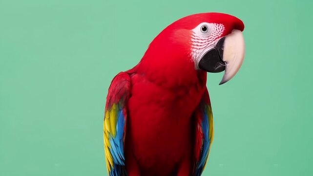 Close-up Portrait of Vibrant Red Green and Blue Scarlet Macaw Parrot in Studio