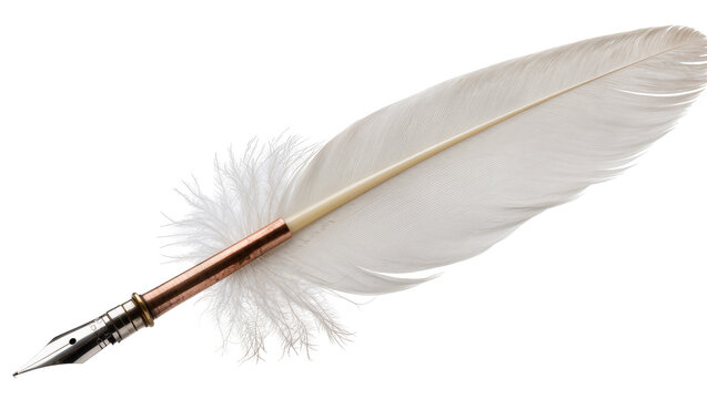 White feather quill pen with copper and silver details