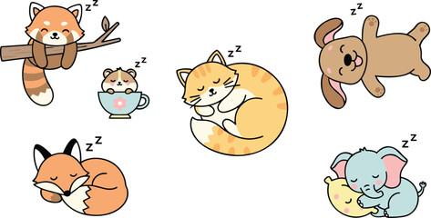 Cute sleeping animals set with red panda cat dog fox hamster and elephant vector illustration. © MUSHAHID