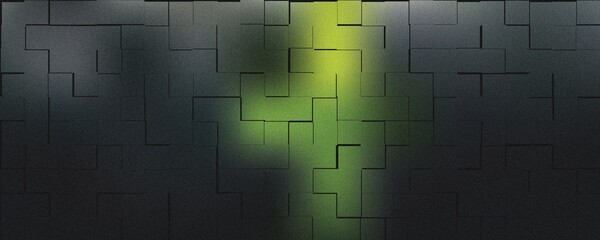 Dark geometric background, with a grid, of rectangular blocks, and a central, vibrant green light, glow illuminating the, textured surface structure